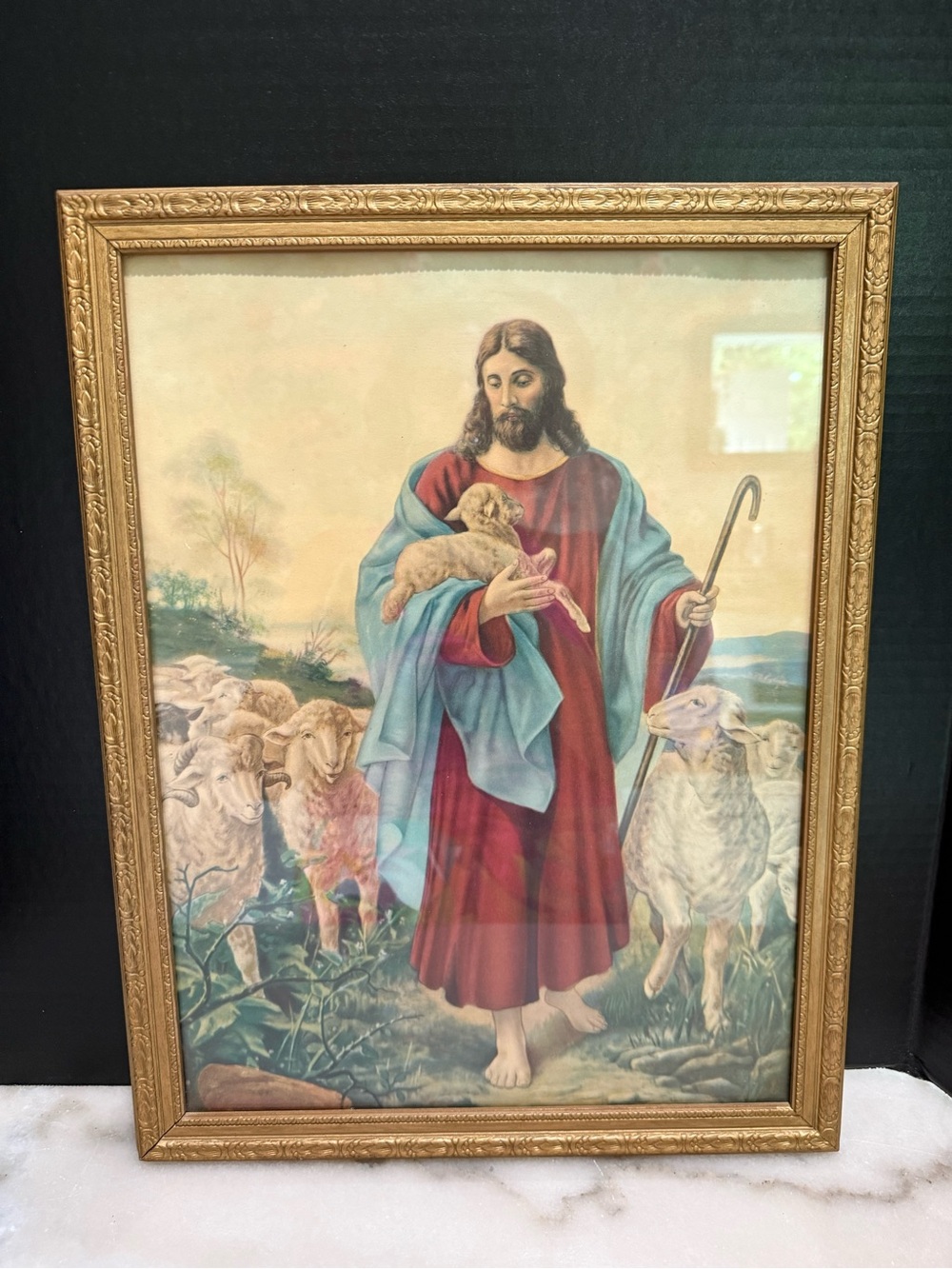 Vintage Jesus The Good Sheppard Framed Picture with Glass 17x13.5”